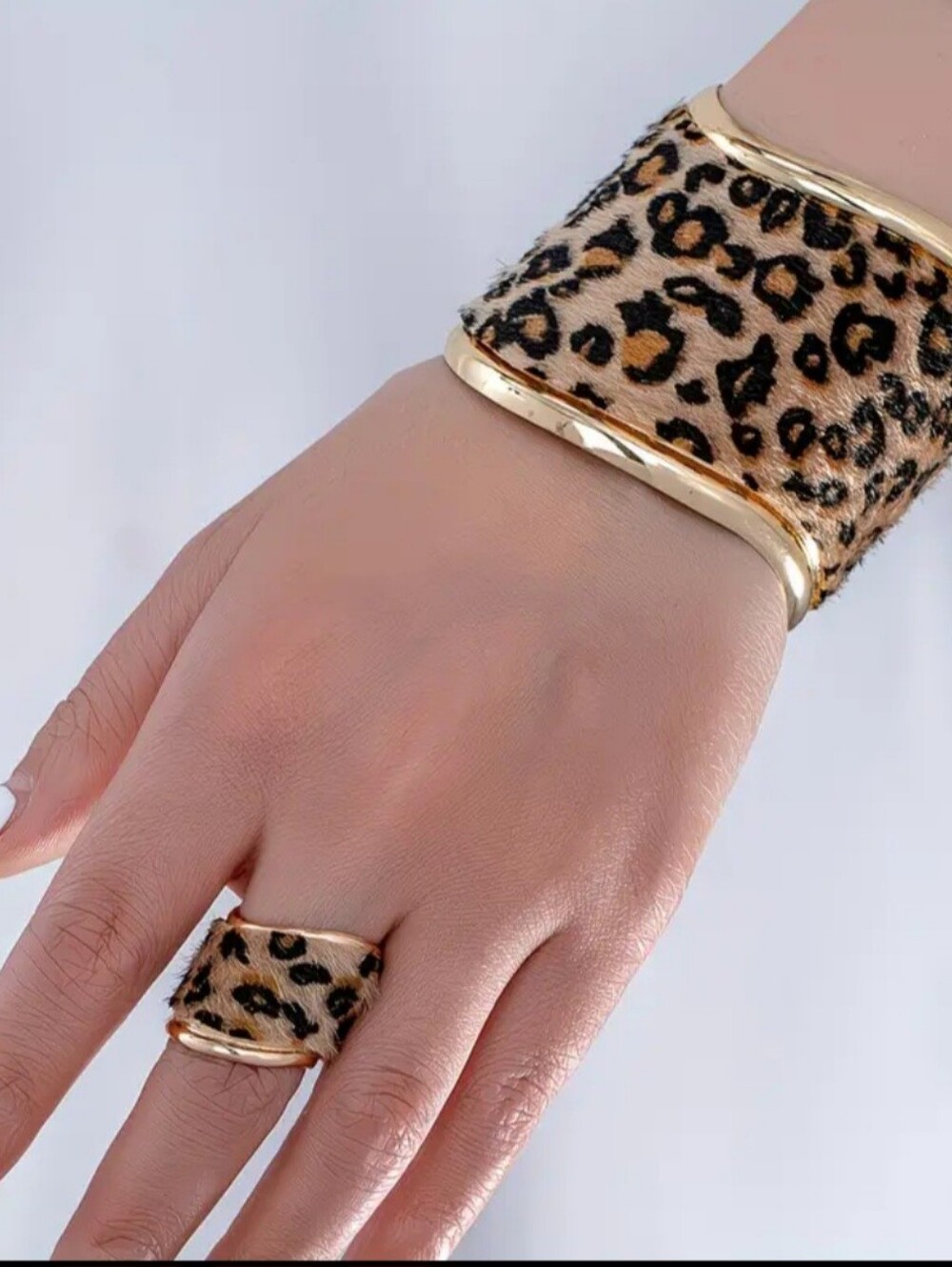 JEWELRY SET  CLASSIC LEOPARD  CUFF BRACELET GOLD VERMEIL MATCHING RING 1 SIZE